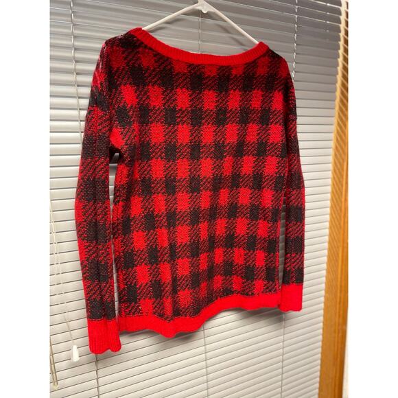 Express Women’s Red & Black Buffalo Plaid Knit Sweater Small Winter Pullover - Picture 1 of 11